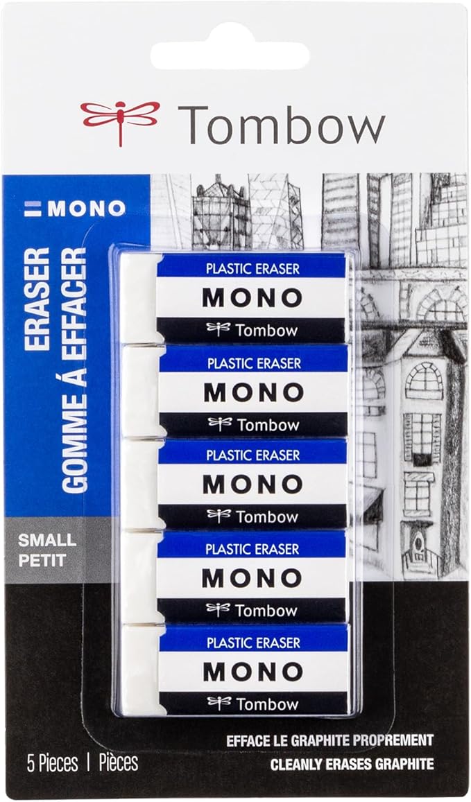 Tombow 57321 MONO Eraser, White, Small, 5-Pack. Cleanly Removes Marks Without Damaging Paper