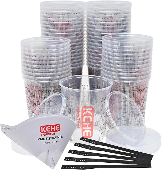 60 PACK Paint Mixing Cups by KEHE REFINISH,38 oz (1100ml),Disposable or Reusable Plastic Measuring Cups with Lids for Liquids, Paints, Resin, Epoxy, Art,Ratios 1:1,2:1, 3:1, 4:1,5:1,6:1,7:1,8:1