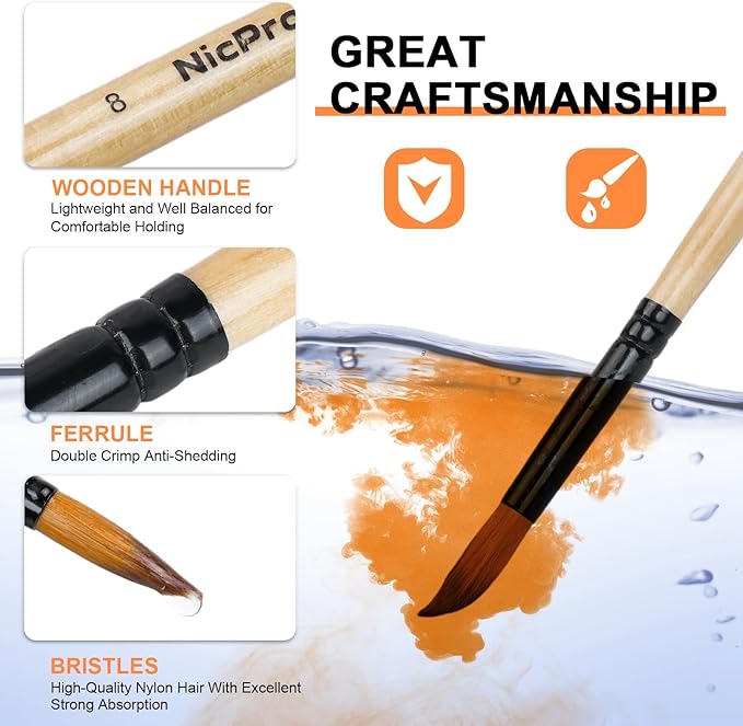 Nicpro 36pcs Paint Brush Set, Professional Paintbrushes with Palette Knife and Cloth Roll, Suitable for Acrylic Painting, Oil, Watercolor, Gouache, Art Supplies for Artists & Beginners (Wooden Color)