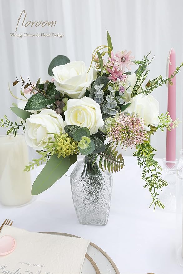 Floroom Artificial Flowers 20pcs Real Looking Ivory High-Centered Foam Fake Roses with Stem for DIY Wedding Bouquets Bridal Shower Centerpieces Floral Arrangements Party Tables Home Decorations