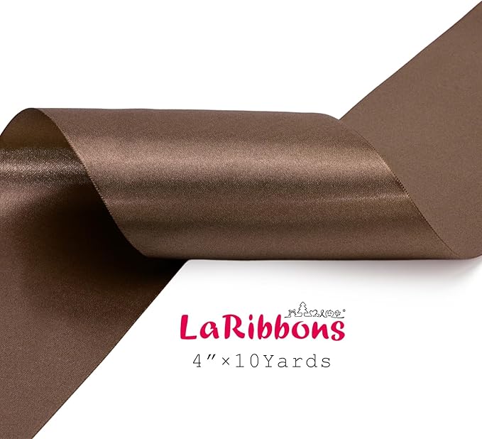 LaRibbons Brown Satin Ribbon 4 Inch 10 Yards Double Faced Luxury Mocha Silk Ribbon for Gift Wrapping Flower Bouquets Bow Christmas Wedding Party Decoration