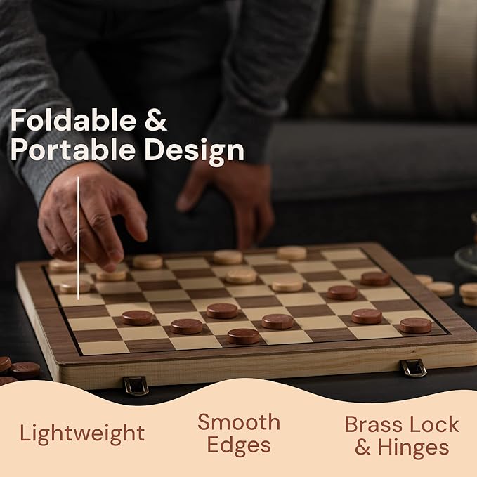 PlayVibe Wooden Chess Set 15'' & Checkers Board Games for All Players with 2 Extra Queens - Handmade Classic Wooden Chess Board, Portable & Folding Playtime Boards, Beginner & Professional Use