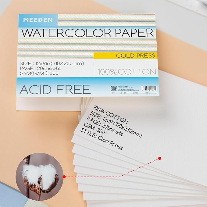 MEEDEN Watercolor Paper Block, 100% Cotton Watercolor Paper Pad of 20 Sheets, 140lb/300gms, Acid-Free Art Paper for Watercolor, Gouache, Ink and More, 9" x 12" Cold Press