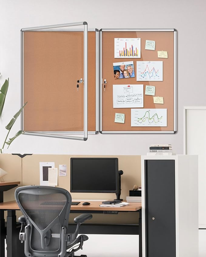 2 Pack 38"x28" Enclosed Bulletin Board, Lockable Weather-Resistant Aluminum Cork Noticeboard for School & Office, Silver Frame w/Cork
