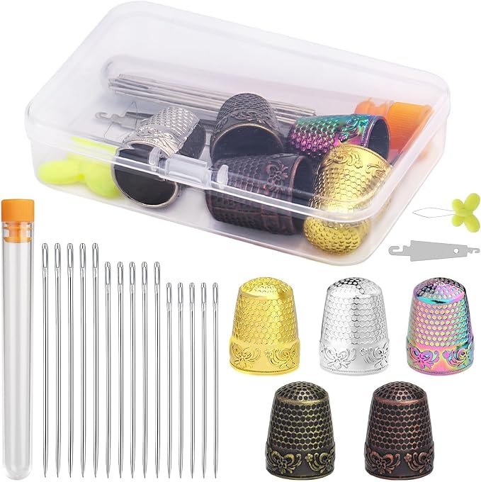 Nitlak 24 Pcs Metal Sewing Thimbles for Hand Sewing, Metal Finger Protectors, Sewing Thimble Ring with Needle Threader, Needles with Storage Container, Plastic Storage Box for Hand DIY Sewing