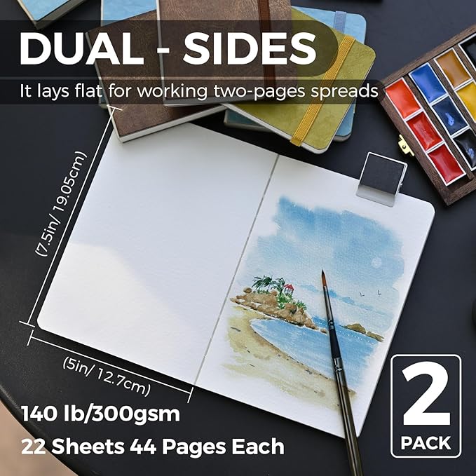 Funto Watercolor Journal, 7.5x5, 2 Packs, 44 Pages Each, Cold-Pressed 100% Cotton, Pearlescent PU Leather Blue Cover, Art Supplies for Mixed Media