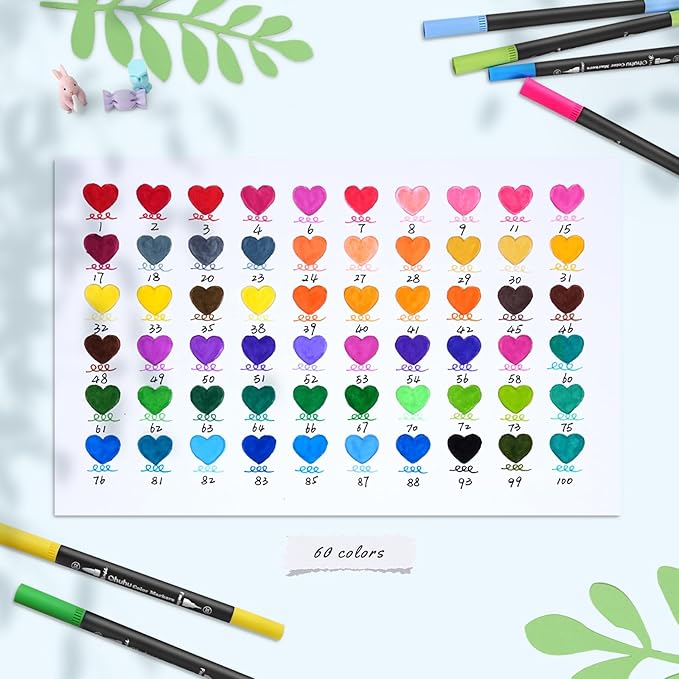 Ohuhu Markers for Adult Coloring Books No bleeding 60 Colors Coloring Markers Water-based Dual Tips Fineliner & Brush Drawing Pens Art Markers for Kids Adults Sketch Journal - Maui - Black