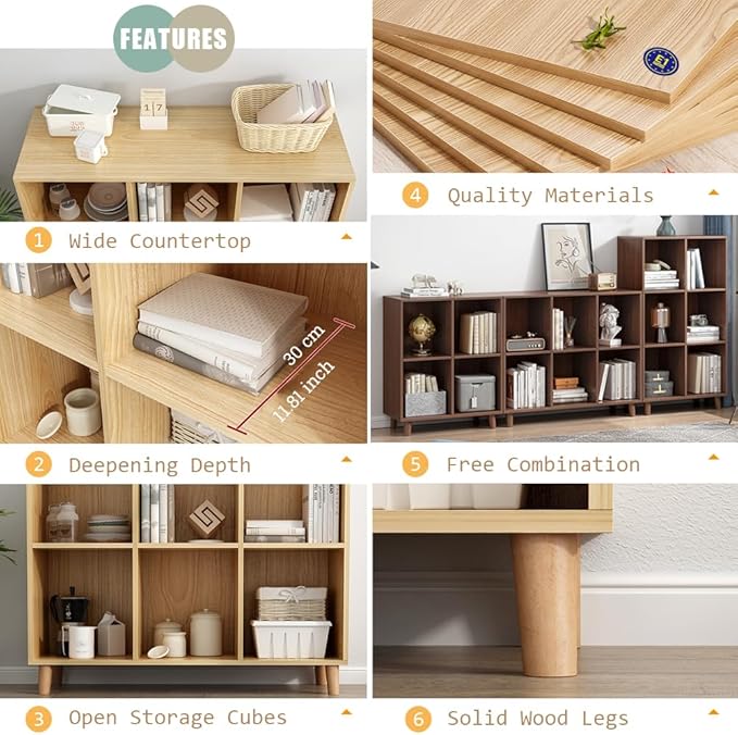 IOTXY Freestanding Open Cubes Bookcase - 2-Tier Floor Standing Wooden Storage Display Cabinet Organizer with Legs for Home Office, 6-Cubes Open Shelf Low Short Bookshelf, Walnut