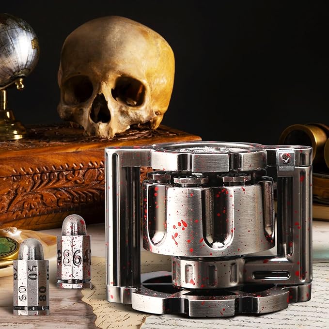Bullet Dice, Revolver Bullet Metal Dice Set with Spinning Revolver Cylinder Container & Seven Polyhedron Dices for Sci-Fi, War, Crime Theme Tabletop Games