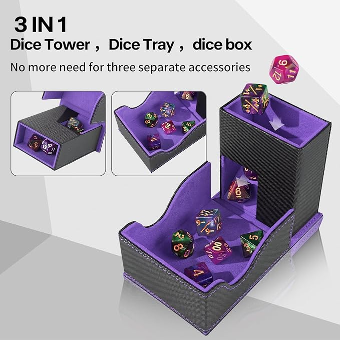 Dice Roller Tower, Premium DND Magnetic Dice Tray, Foldable PU Leather Dice Tower RPG Gifts for Dungeons and Dragons MTG Dm & Player Black/Violet