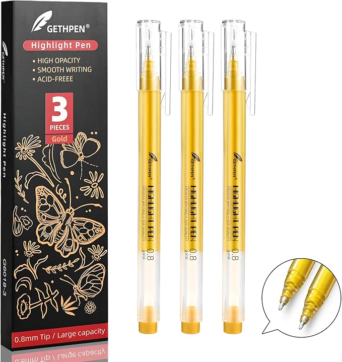 0.8mm Gold Gel Pens 3-Pack – Extra Fine Point Opaque Ink for Black Paper Drawing, Sketching, Bullet Journaling & Holiday Card Design