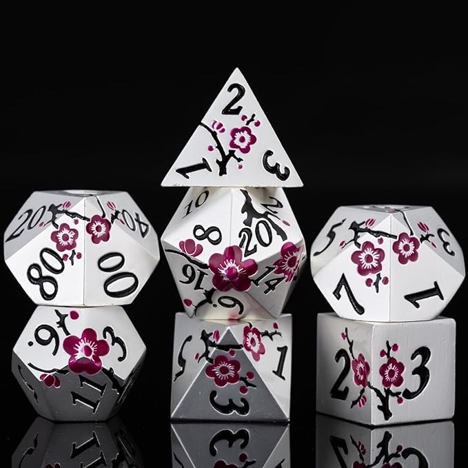 DND Metal Dice Set,7pcs Set Flower Metallic Dice Set with Box,RPG Polyhedral Dice for Table Game (Silver-Purple)