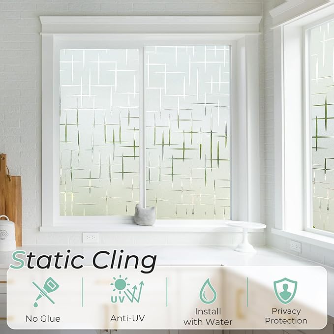 DOWELL Window Privacy Film Frosted Glass Window Film, Sun Blocking Non-Adhesive Glass Cling, Decorative Door Sticker, Self Static-Cling Tint Covering for Home Office, Cross Pattern 17.5" x 118.1"