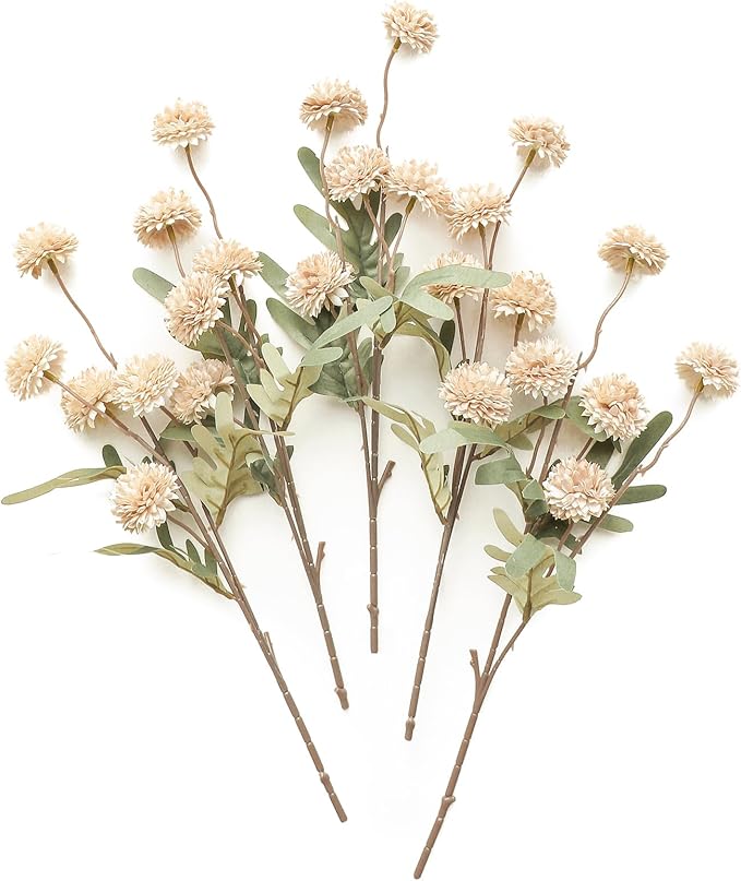 Floroom 5pcs Beige Faux Silk Mums Artificial Flowers, Bulk Fake Small Mini Chrysanthemums with Stems for DIY Champagne Wedding Centerpieces Floral Arrangements Vase Fillers Home Decorations
