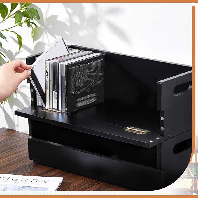 4 Set Wooden CD Storage Box Holder Shelf Cassette Tape Display Racks with Carrying Handles, Organizer Shelf for Movie Cases, DVDs, Each Set Can Store up to 36 Pcs CDs (Black)
