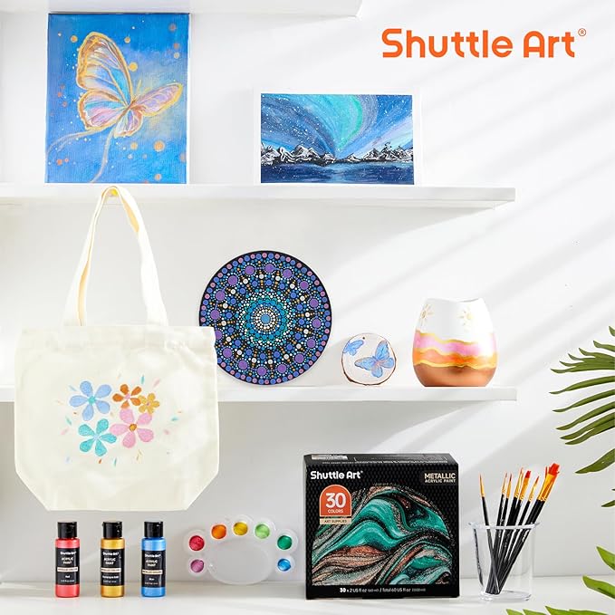 Shuttle Art 30 Colors Metallic Acrylic Paint, Artist Grade Metallic Paint in Bottles (60ml, 2oz), Rich Pigmented, High Viscosity, Non-Toxic for Artists, Beginners on Rocks Crafts Canvas Wood Fabric