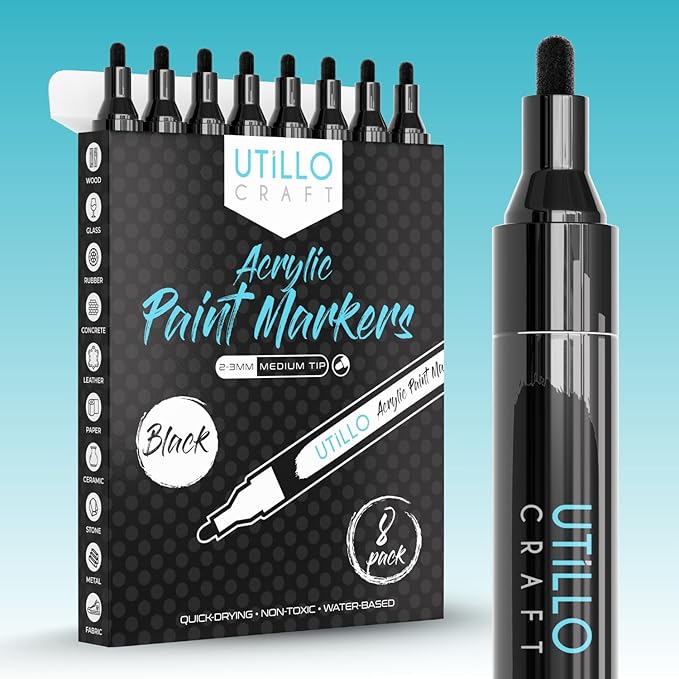 Black Paint Marker (8-Pack) Medium Tip for Pumpkin Painting and Costumes | Bold Color+100% Coverage | For Stone, Wood, Glass, Canvas, Metal, etc. | Black Paint Pens | Black Acrylic Paint Pens