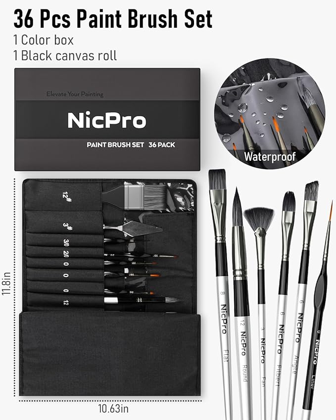 Nicpro 36pcs Paint Brush Set, Professional Paintbrushes with Palette Knife and Cloth Roll, Suitable for Artists and Beginners for Acrylic Painting, Oil, Watercolor, Gouache