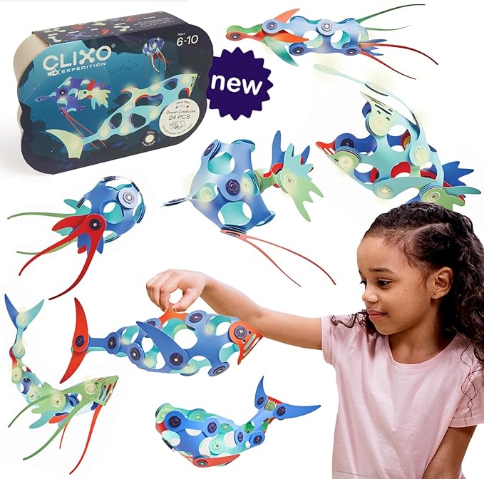 Clixo Ocean Creatures Pack - Glow-in-The-Dark Magnetic Building Toy - 24 Flexible Magnet Pieces for Underwater Adventure. Imaginative STEM Toy. Screen Free Kids Gift & Travel. Ages 6+ [New]