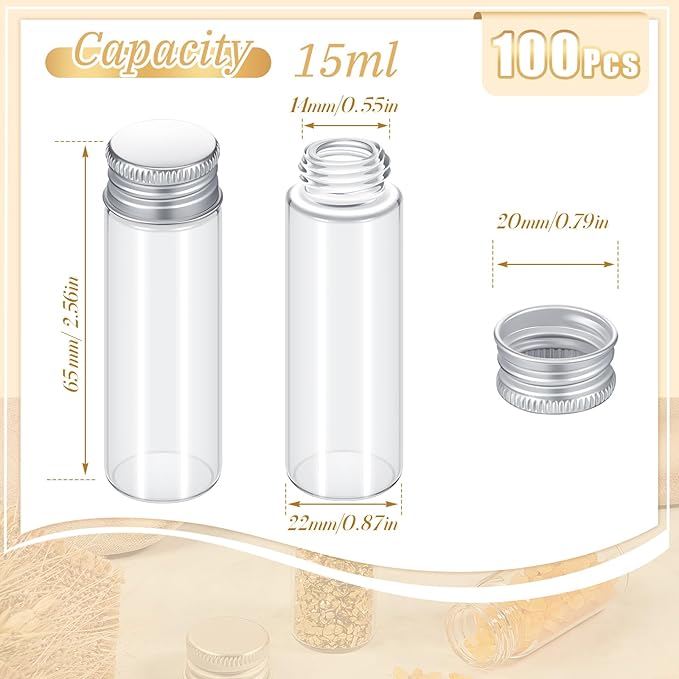 100 Pcs Small Clear Vials Spice Mini Jars with Lids Mini Glass Bottles with Screw Aluminum Metal Caps Tiny Jars Sample Containers for Powder Cream Cosmetic Jewelry Wedding (15 ml,Silver Caps)