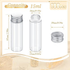 100 Pcs Small Clear Vials Spice Mini Jars with Lids Mini Glass Bottles with Screw Aluminum Metal Caps Tiny Jars Sample Containers for Powder Cream Cosmetic Jewelry Wedding (15 ml,Silver Caps)