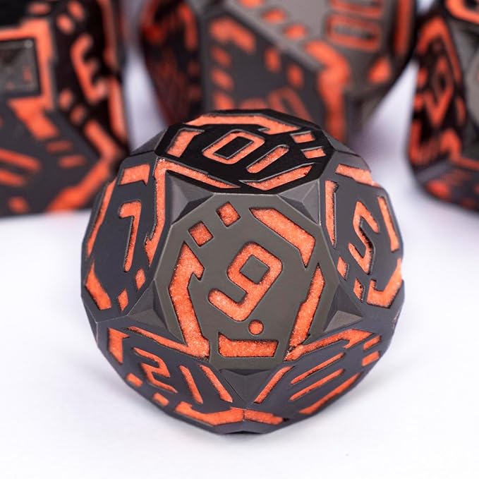 Metal DND Sci-fi Dice Set 7PCS Luminous Orange Stripe Polyhedral Dice for Dungeons Dragons RPG Role Playing Game, Glitter D and D Dice with Gift Box D6 D8 D10 D12 D20