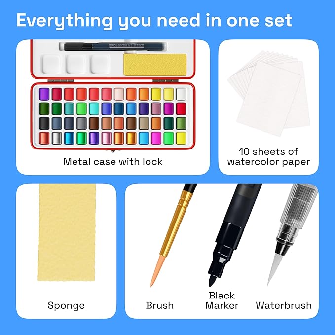 ARTISTRO Watercolor Paint Set in Portable Box, Includes Metallic and Fluorescent Paints, 2 x Brushes, Watercolour Paper, Acrylic Markers, Travel kit for Artist and Beginners