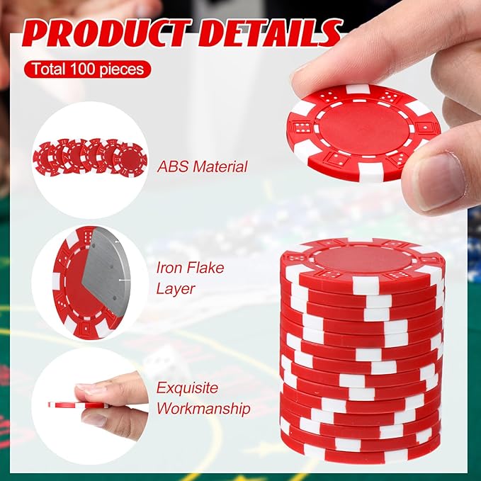 100 Pcs 11.5 Gram Poker Chips ABS Monte Carlo, 40 mm Bingo Chips Tokens Markers Blank Counting Bulk for Blackjack, and Card Night Poker Games