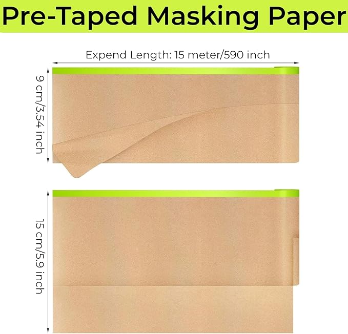 Pre-Taped Painting Masking Paper: 8 Rolls 6 Inch x 50 Feet Tape and Drape Painters Paper, Self-Adhesive Paint Protective Kraft Paper Roll