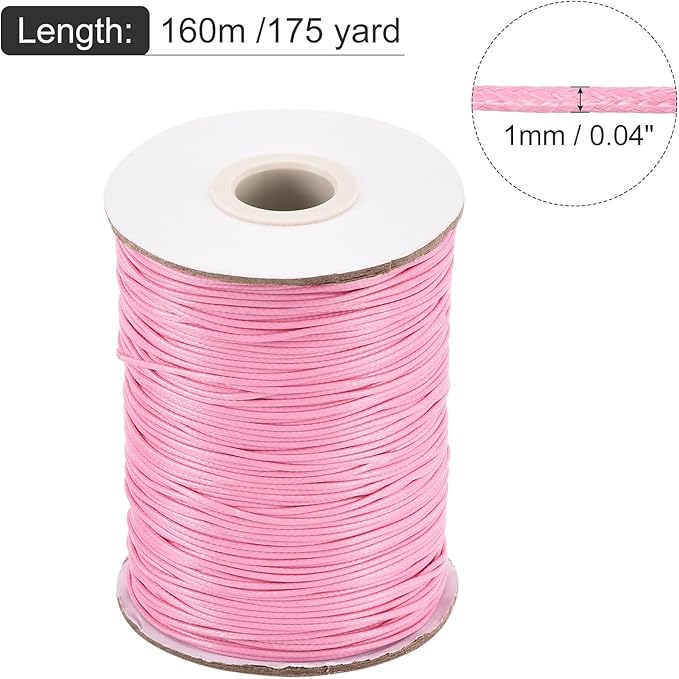 MECCANIXITY Waxed Cord 1mm Waxed Polyester Cord 175 Yard Wax String for Bracelet Making,Necklaces, Beading,Jewelry Making and DIY Crafts(Pink)