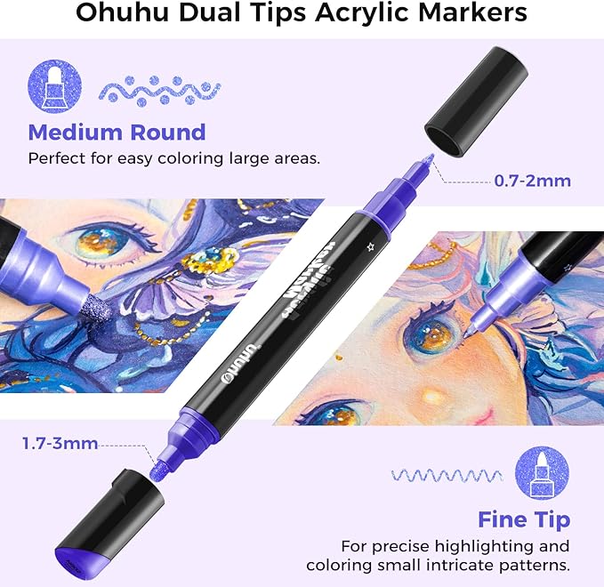 Ohuhu Metallic Acrylic Paint Markers 24 Metallic Colors 30 Pens: Dual Tips (Round & Fine) Acrylic Markers High Opacity Paint Pens for Rock Painting Eggs Wood Glass Ceramic - Kakaako
