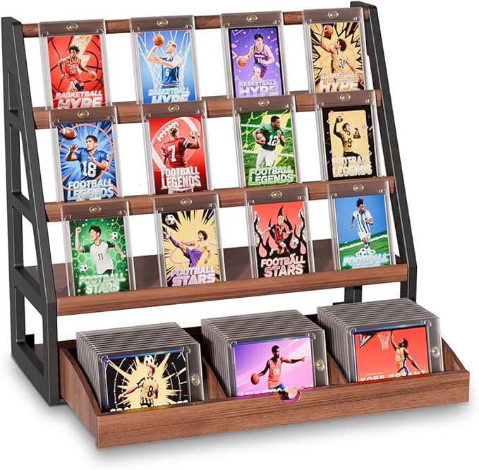 handrong Card Display Stand,3-Tier Trading Card Display with Drawer,Wooden Graded Baseball Sports Cards Holder,Greeting Cards Stand for Collection,Vendor & Show (Brown)