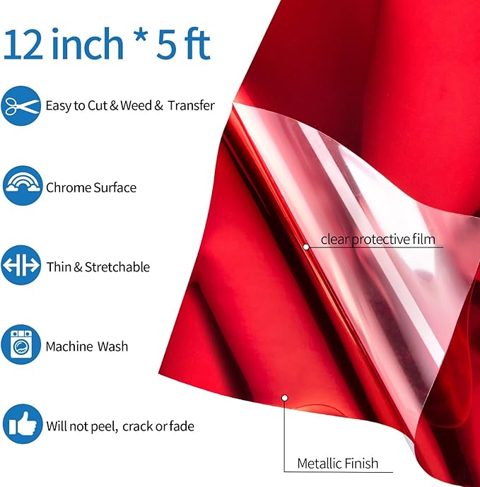 VINYL FROG Metallic Foil HTV Vinyl Roll 12" x5ft Red Heat Transfer Vinyl Chrome Iron on Vinyl Easy to Cut & Weed DIY Heat Press Design for T-Shirts