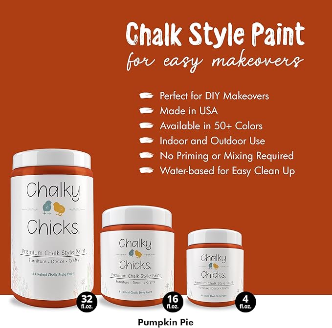 Chalky Chicks All-in-One Chalk Paint for Furniture or Cabinet - 16 Fl Oz - Matte Finish Pumpkin Pie Orange for Metal, Wood Furniture Paint - No Sanding All-in-One for Home Decor & Crafts, USA Made
