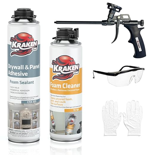 KRAKEN BOND Drywall & Panel Adhesive Foam - (1x24oz) Heavy-Duty, Fast-Curing Construction Adhesive for Concrete, Wood, and Heat Insulation Applications - Gun&Gun Cleaner Set