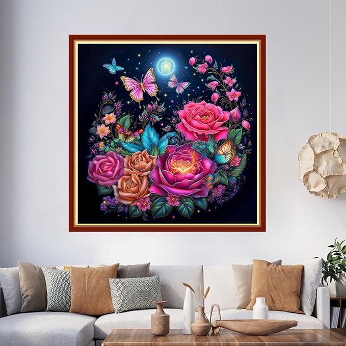 Foxhool Beginners Cross Stitch Kits Stamped Full Range of Embroidery Kits for Adults DIY Cross Stitches kit Embroidery Patterns for Needlepoint kit-Colorful Butterfly Flowers 17.7x17.7 inch