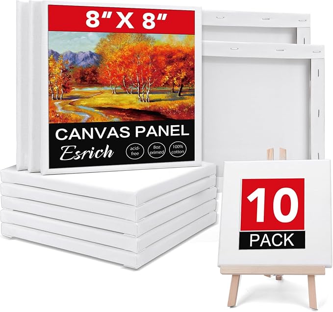 ESRICH Stretched Canvas for Painting, 10 Pack 8x8 Canvas for Painting Primed Acid-Free, Wood Framed Blank Canvas, Art Canvases for Beginners, Artists for Oil,Acrylic Paint, Pouring Painting.