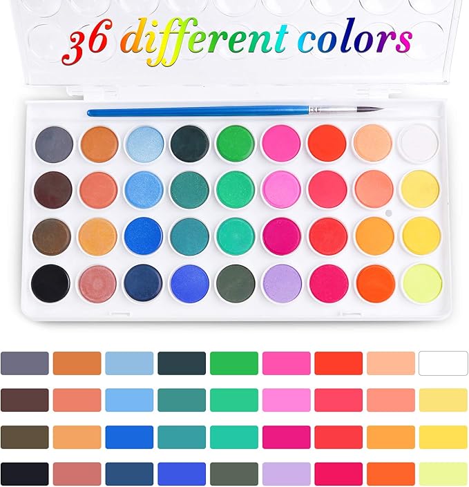 AROIC Watercolor Paint Set, 36-Color Watercolor Paint with 10 Brushes, Non-Toxic Washable Watercolors for Kids & Adults, Art Supplies for Painting, Drawing, DIY Crafts, School, Classroom, Artist Use