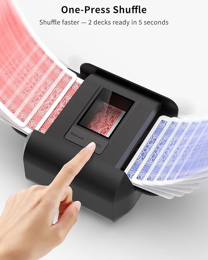 Automatic Card Shuffler Machine for 1–2 Decks, USB-C Rechargeable, Heavy Duty, Low Noise, Portable – Works with UNO, Phase 10, Skip-Bo, Blackjack, Standard Playing Cards & More