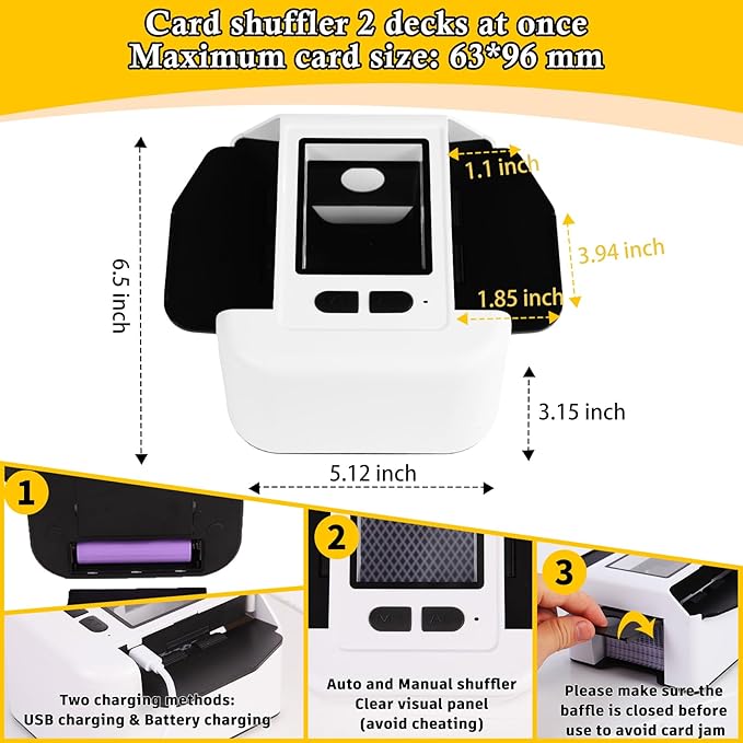 Automatic Card shuffler 1-2 Deck, 2000 mAH USB-C Rechargeable Electronic Card shuffler, Quiet Card shuffler for UNO Poker Blackjack Canasta Skip-Bo Phase 10, One-Press AUTO and Manual
