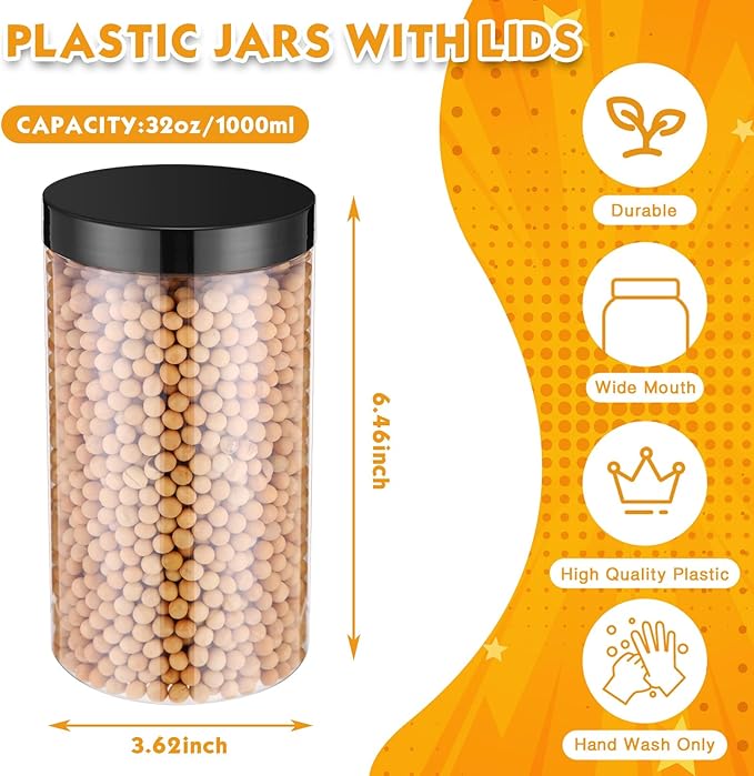 SATINIOR 12 Pack 32 oz Plastic Container Jars with Lids Round Clear Travel Cosmetic Container Slime Jars for Toiletries, Lotion, Cream, Ointments, Makeup, Rhinestone, Samples, Kitchen Storage(Black)