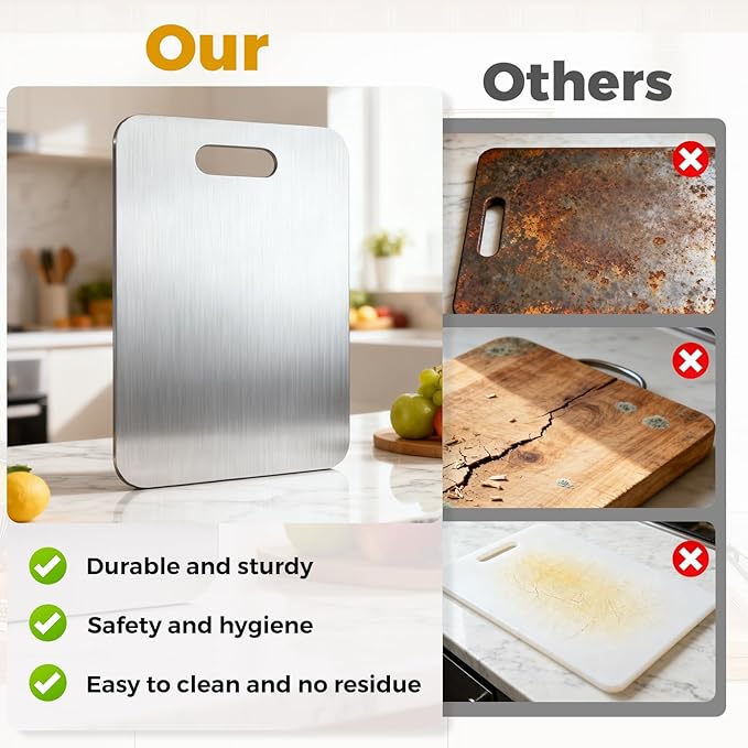 Tavano Titanium Cutting Board,Titanium Cutting Boards for Kitchen,Double-side Available Cutting Board for Vegetables,Meat,Fruits,Easy to Store and Clean(L)