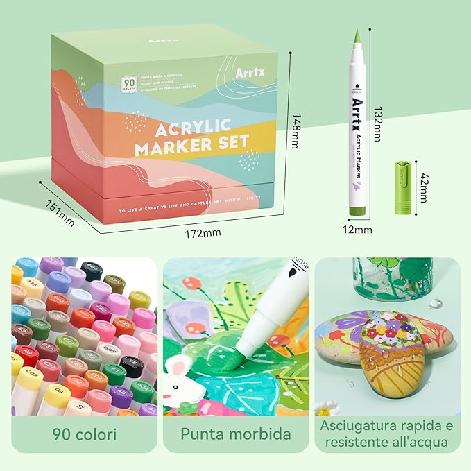 Arrtx 90 Colors Paint Markers Pens, Acrylic Paint Pens for Artists Adults Coloring Drawing Landscape Scenery Natural- Brush Tip for Rock Painting, Wood, Canvas, DIY Crafts Making Art Supplies-90B