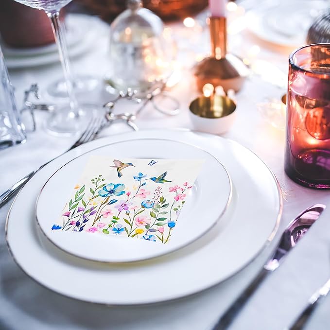 Cocktail Napkins 80 Pack 2 Ply Floral Beverage Luncheon Dinner Paper Napkins Flower Print Disposable Napkins for Wedding Anniversary Celebrations, 5X5 Inches Folded