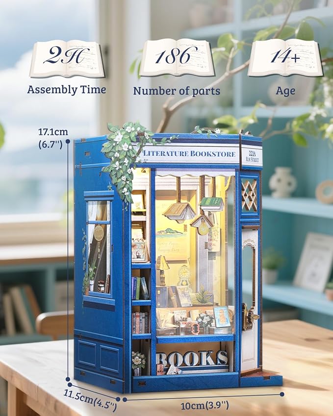Cutefun Book Nook Kit - DIY Miniature Dollhouse Kit 3D Creative Decorative Bookend 3D Wooden Puzzle for Adults, Bookshelf Insert Library Decor with LED Light (Literature Bookstore)