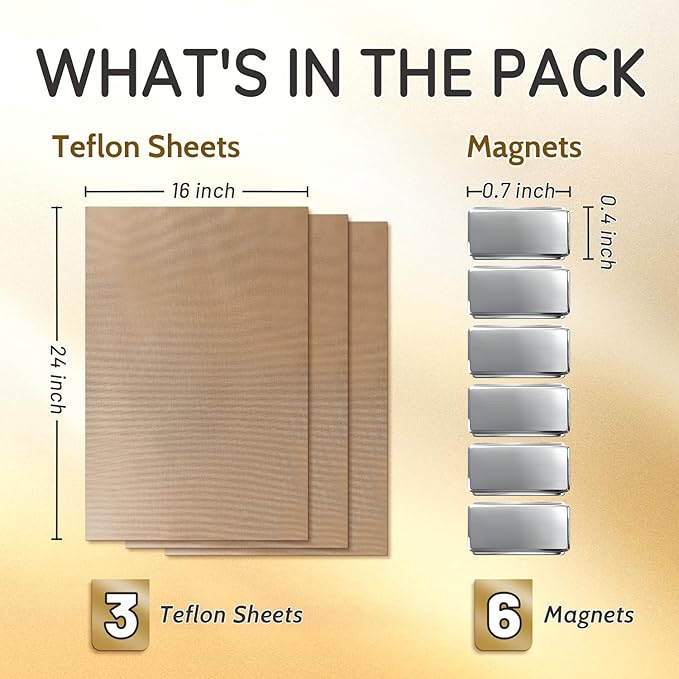 TransOurDream 3 PTFE Teflon Sheets Size XL16 x 24" for Heat Transfer Paper and Sublimation Paper and 6 Magnets for Holding Heat Press Reusable Heat Resistant Non stick