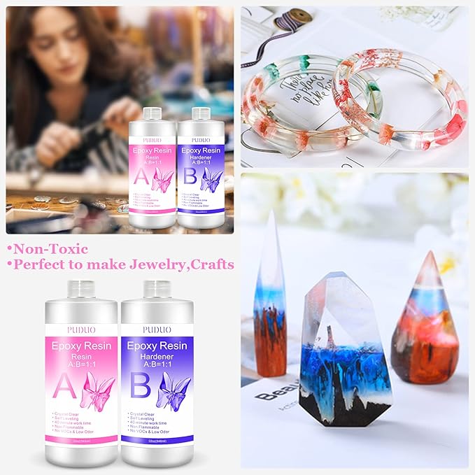 Epoxy Resin Clear Kit 64 OZ for Art, Jewelry Making, Crafts, Keychain - Including 32 OZ Resin and 32 OZ Hardener, Fast Curing 2 Part AB Epoxy Casting Resin by Puduo