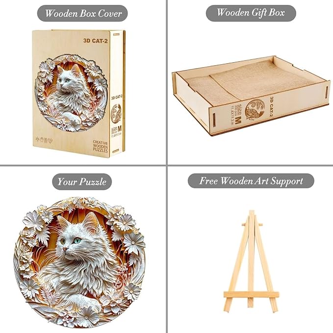 Wooden Puzzles Adults, 3D Cute Cat Wooden Puzzles 300 Pieces, Unique Animal Shaped Wood Challenging Jigsaw Puzzles Gifts for Adults, 13.4x13.4in