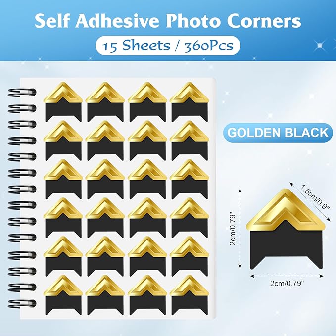 GOONAVI 15 Sheets 360 PCS Golden Black Acid-Free Photo Corners Notebook, Self-Adhesive Corners for DIY Album Journal, Corner Stickers for Trip Memory Book