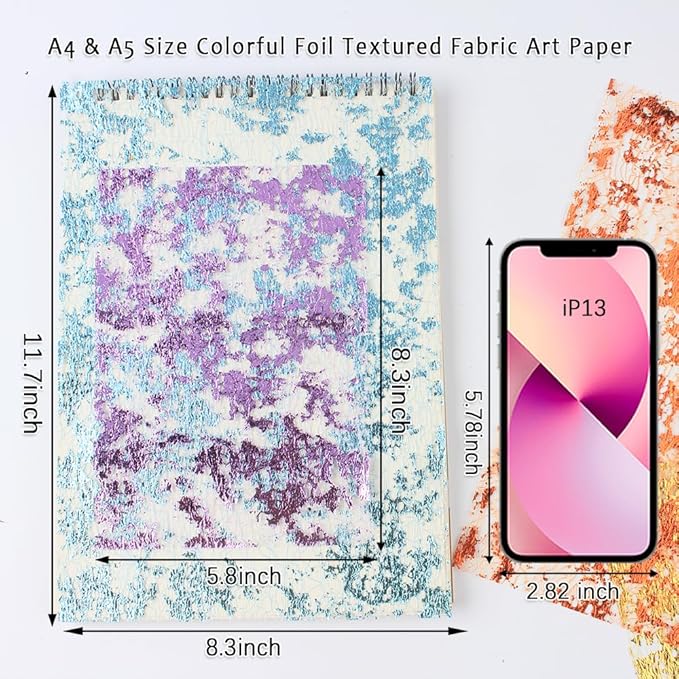 A5 & A4 Size Colorful Foil Textured Fabric Art Paper Scrapbooking Decorative, 20 Sheets Sparkle Metallic Lace Mesh for Crafts, Junk Journaling Supplies, Card Making, Collage